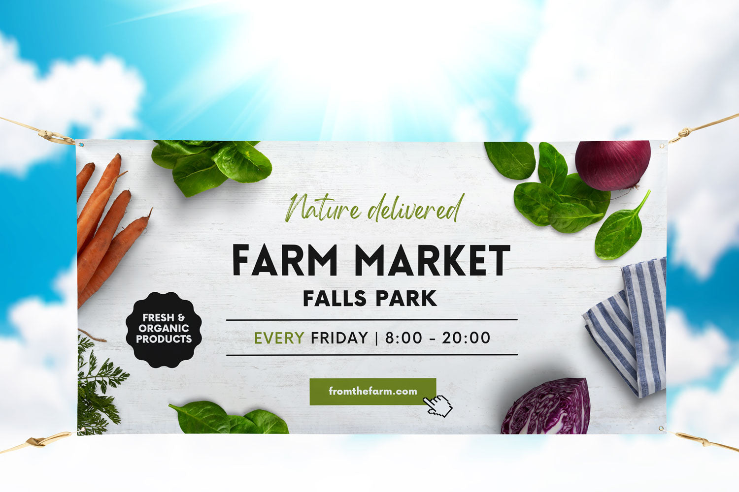 Farmers Market information printed on banner